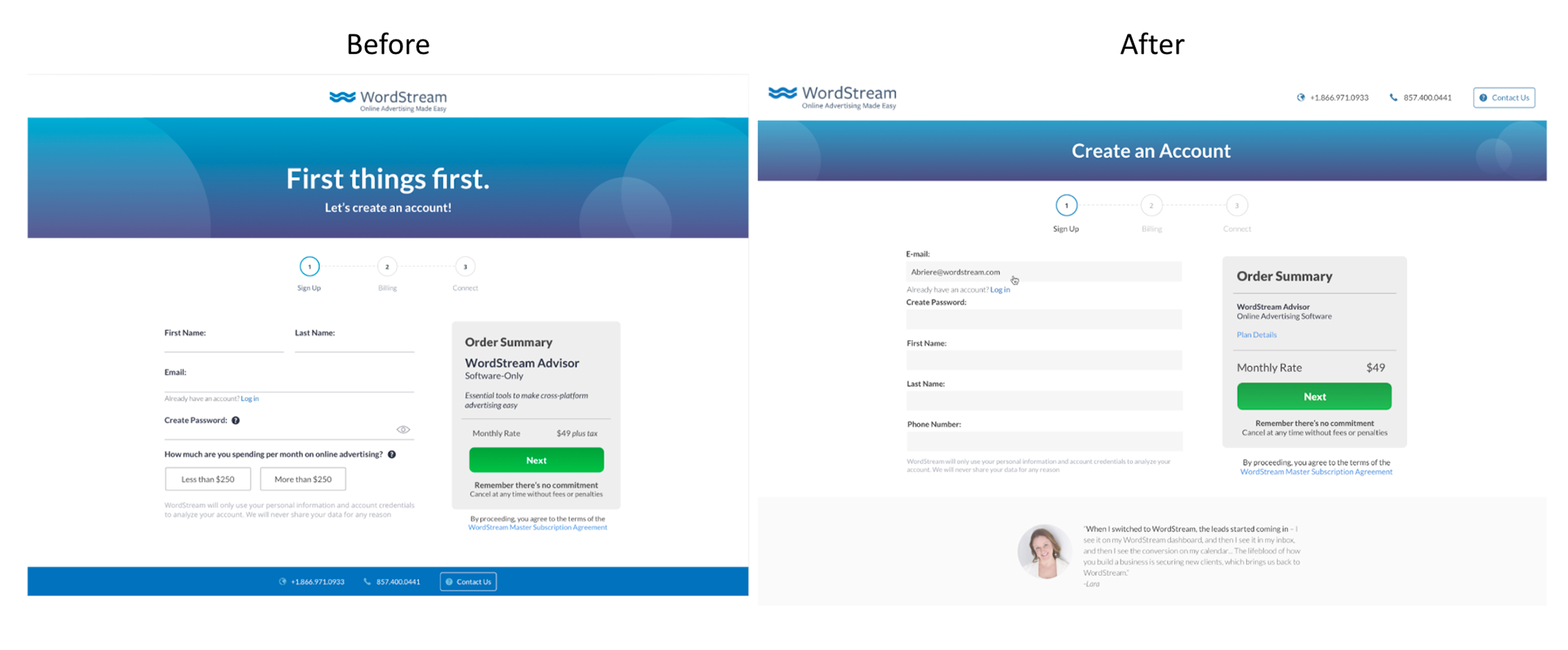 The Sign Up Page Update - Streamlines title and text, adds clearer text hierarchy in "cart", introduces previous customer's testimonials in footer, and declutters fill-in fields.