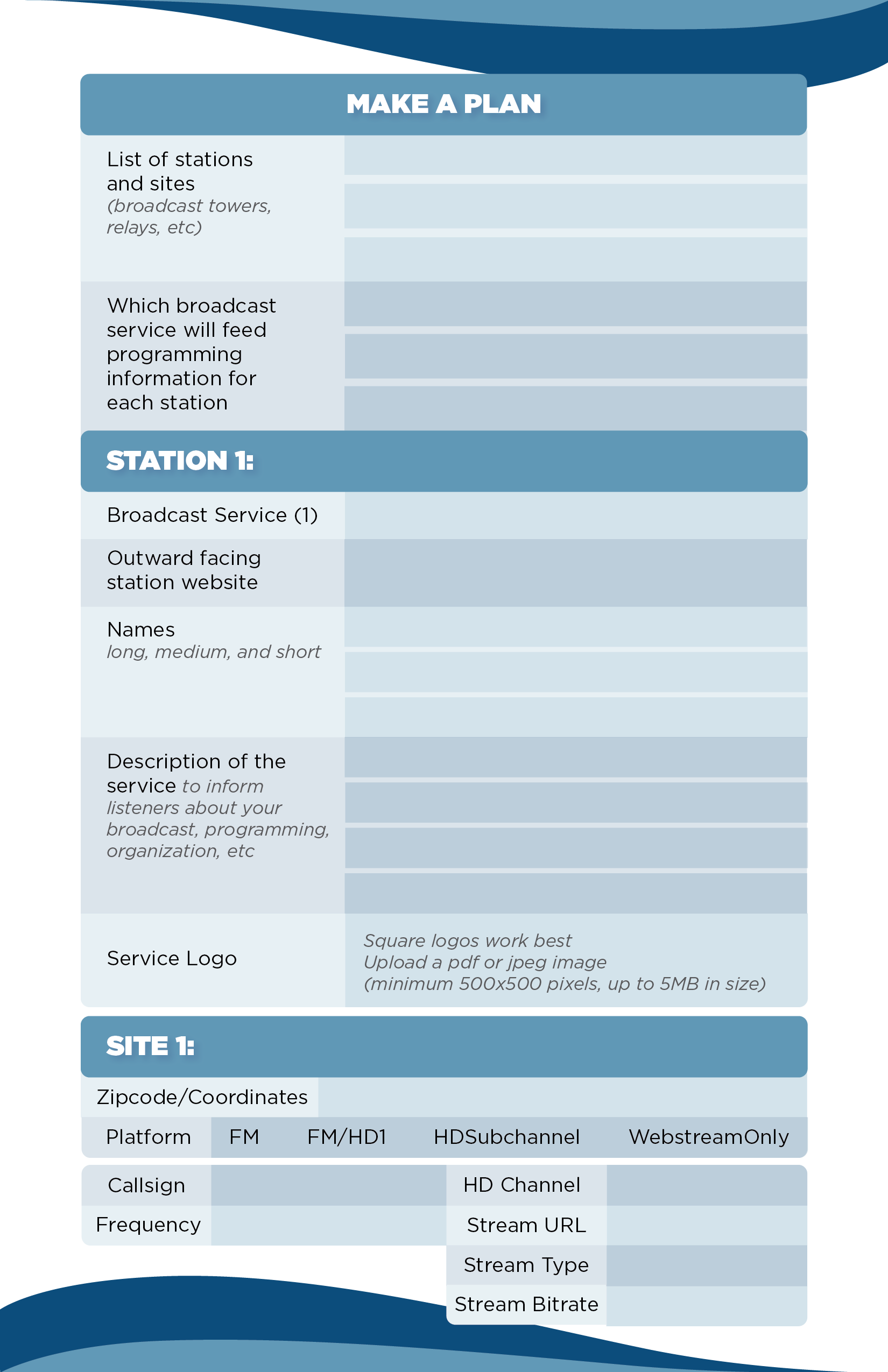 A fill in sheet on the back for stations to start planning out their metadata
